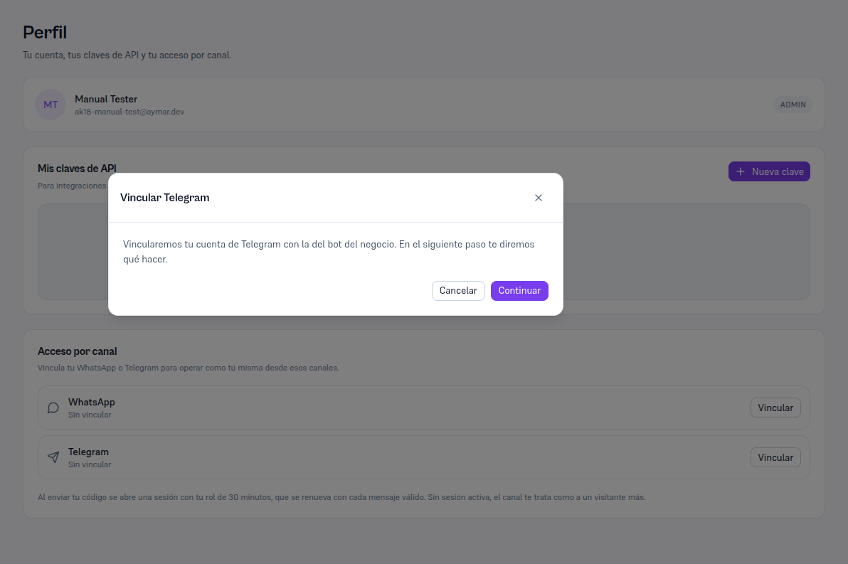 Página Perfil con el modal Vincular Telegram con el texto «Vincularemos tu cuenta de Telegram con la del bot del negocio. En el siguiente paso te diremos qué hacer» y los botones Cancelar y Continuar
