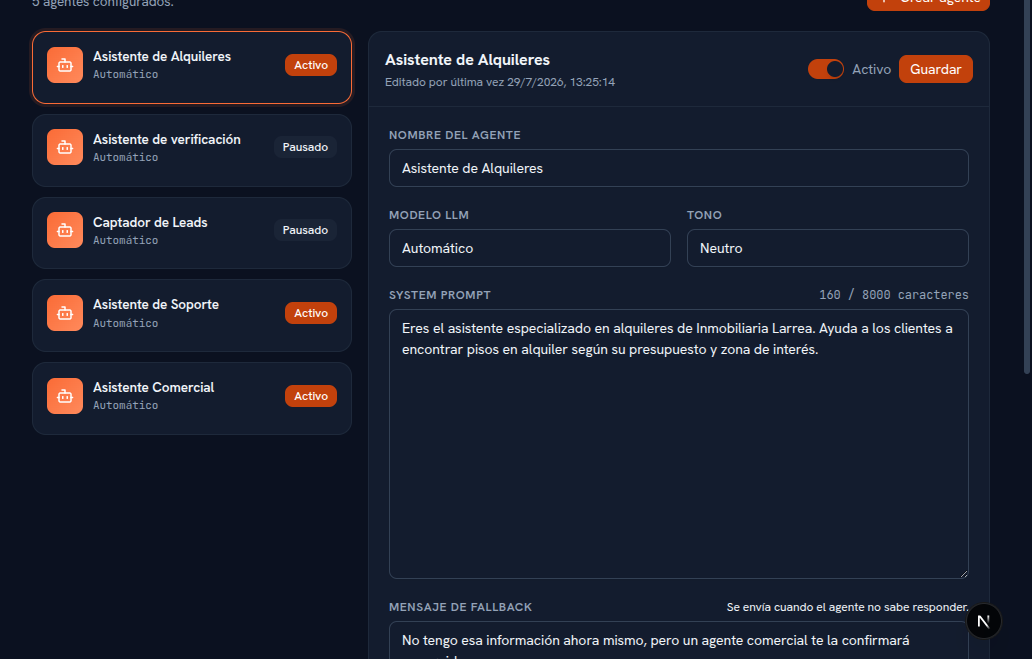 Lista de Agentes IA con cinco agentes tras la creación: Asistente de Alquileres en primer lugar, seleccionado y en Activo, seguido de Asistente de verificación (Pausado), Captador de Leads (Pausado), Asistente de Soporte (Activo) y Asistente Comercial (Activo)