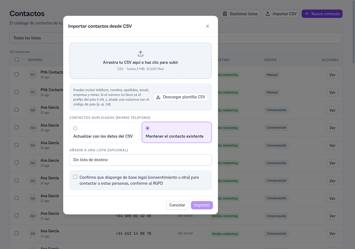 Ventana Importar contactos desde CSV con la zona de arrastre «Arrastra tu CSV aquí o haz clic para subir (CSV · hasta 2 MB, 10.000 filas)», el botón Descargar plantilla CSV, la sección Contactos duplicados (mismo teléfono) con «Mantener el contacto existente» seleccionada, el selector Añadir a una lista (opcional) en «Sin lista de destino», la casilla de base legal RGPD y los botones Cancelar e Importar