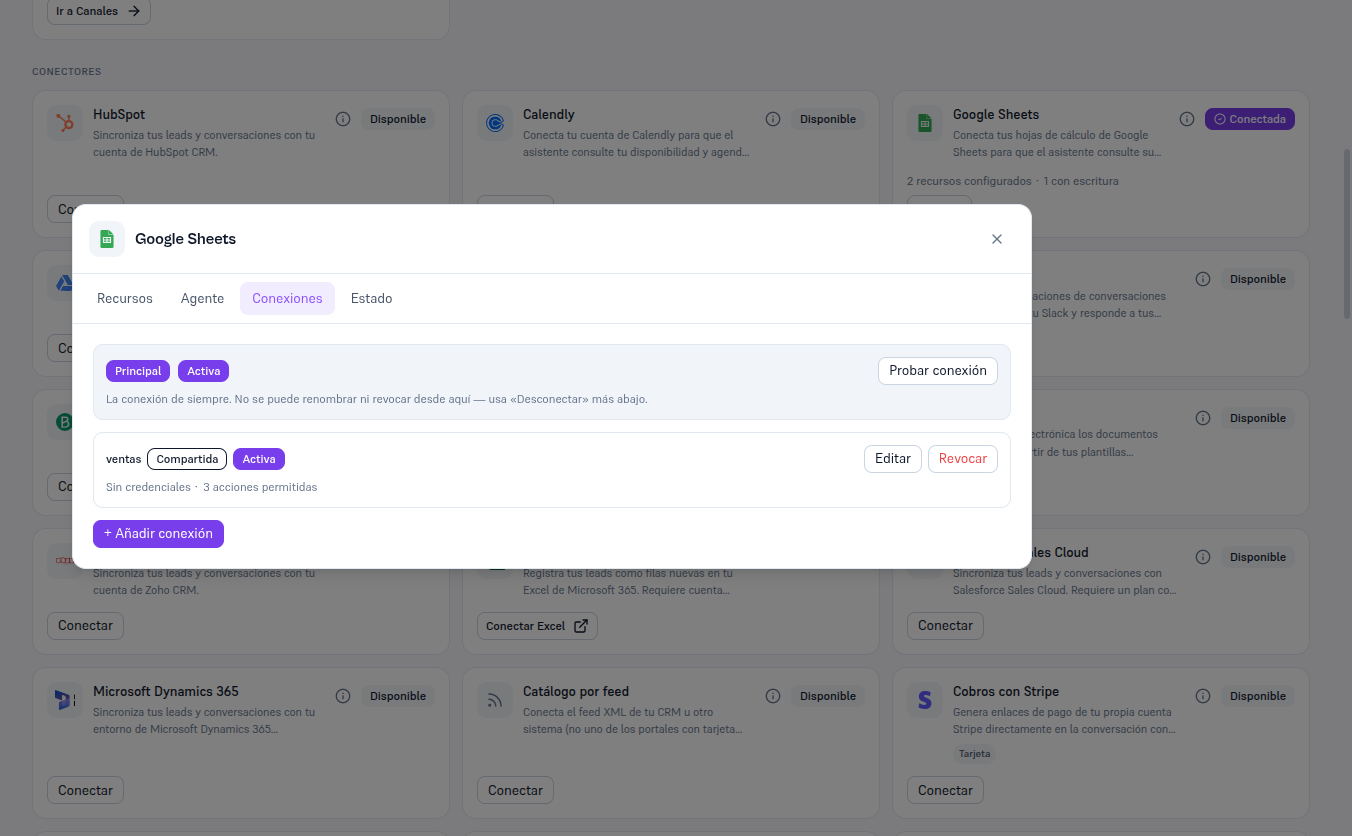 Pestaña Conexiones del detalle de Google Sheets con la conexión Principal marcada como Activa y el botón Probar conexión, la conexión con nombre «ventas» marcada como Compartida y Activa con los botones Editar y Revocar, y el botón + Añadir conexión