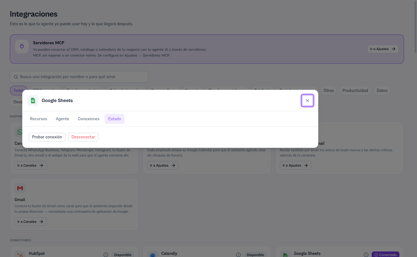 Pestaña Estado del detalle de Google Sheets con los botones Probar conexión y Desconectar