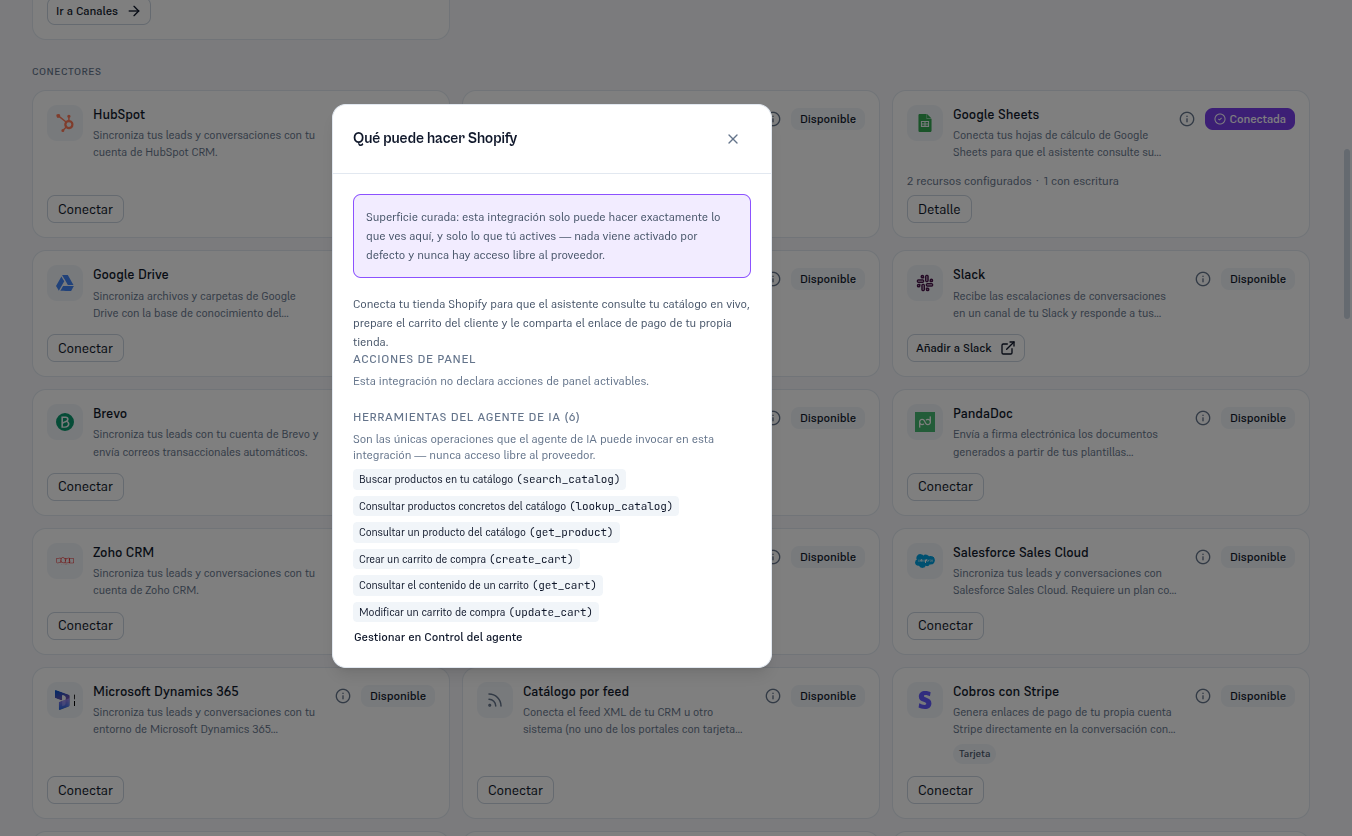 Panel «Qué puede hacer Shopify» con el aviso de superficie curada, el aviso de que esta integración no declara acciones de panel activables, y las seis herramientas del agente de IA (search_catalog, lookup_catalog, get_product, create_cart, get_cart, update_cart) con el enlace Gestionar en Control del agente