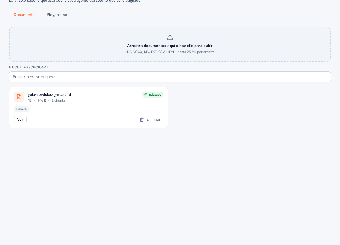 Pantalla Base de conocimiento con la pestaña Documentos activa, el subtítulo «La IA solo sabe lo que está aquí y cada agente usa solo lo que tiene asignado», la zona de subida (Arrastra documentos aquí o haz clic para subir · PDF, DOCX, MD, TXT, CSV, HTML · hasta 25 MB por archivo), el campo Etiquetas (opcional) y, debajo, el documento guia-servicios-garcia.md ya indexado con su etiqueta General